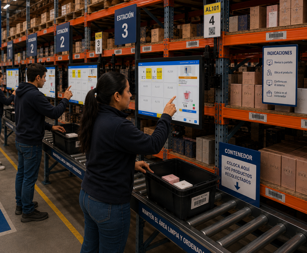 Operarios utilizando pantallas Pick to Screen para la preparación de pedidos en un almacén logístico moderno con múltiples estaciones de picking.