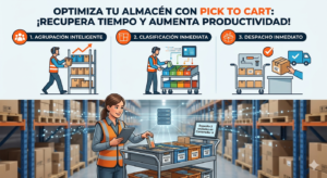 Operario realizando picking con PDA y carrito multicontenedor en almacén logístico moderno.