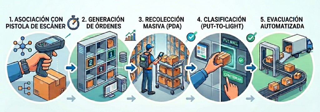 Infografía de 5 pasos para el sistema Put Wall en un almacén optimizado.