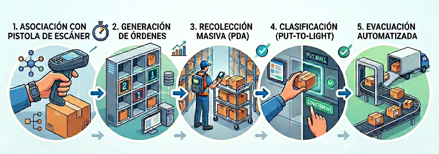 Infografía de 5 pasos para el sistema Put Wall en un almacén optimizado.
