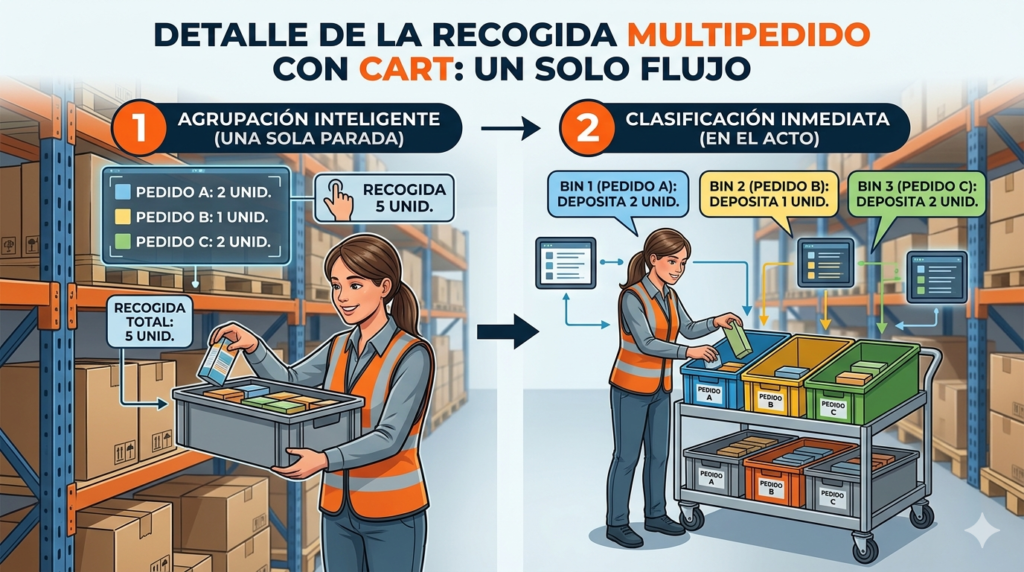 Infografía del proceso Pick to Cart multipedido en un almacén logístico, mostrando la agrupación inteligente de productos en la estantería y su clasificación inmediata en diferentes contenedores del carrito según las indicaciones del sistema.